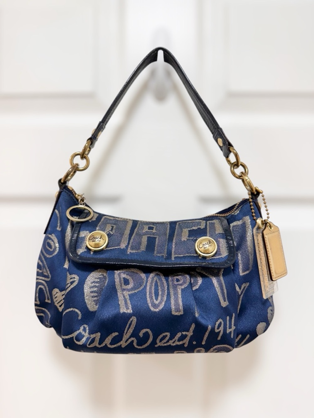 Coach Poppy Story Patch Bag Navy Metallic Gold Graffiti Satin 2Way